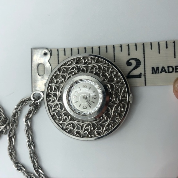 Vtg Caravelle Manual Wind Pocket Watch Necklace / Working/ 26” Chain 1.7” Watch - Picture 6 of 6